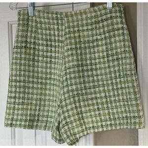 Zara Womens High Waisted Tweed Shorts Plaid Green/White Size Medium